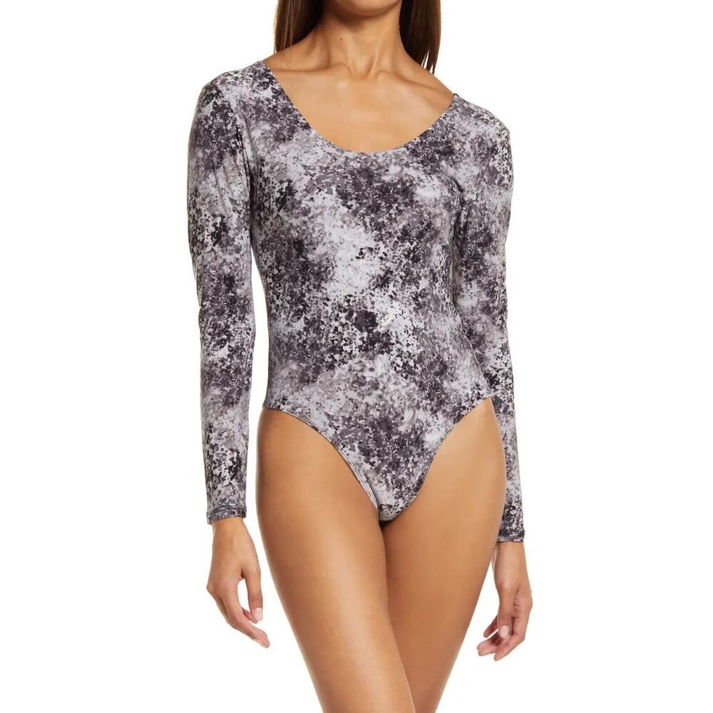 Halogen Double Scoop Long Sleeve Bodysuit Grey Wash Dot Sz. S NEW